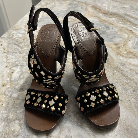 Tory Burch Kingsbridge Black Velvet Studded Wedge Sandals - Picture 2 of 14